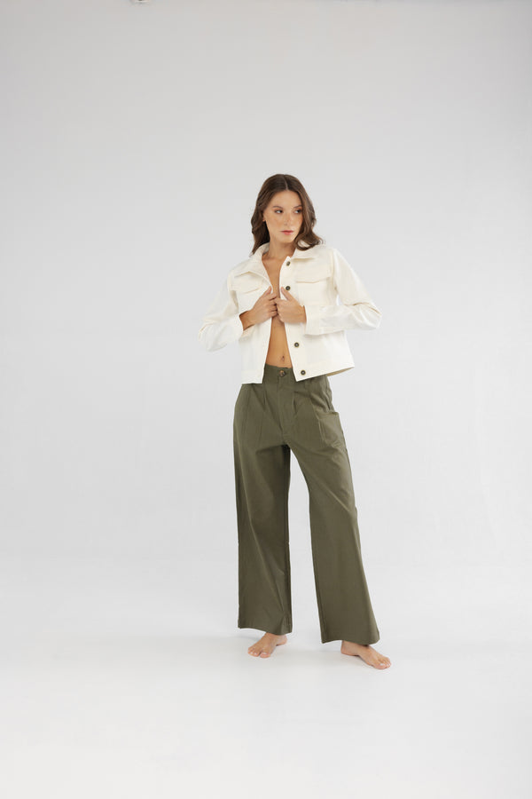 Zeytin Yeşili Geniş Paça Pileli Pamuk Kadın Palazzo Pantolon