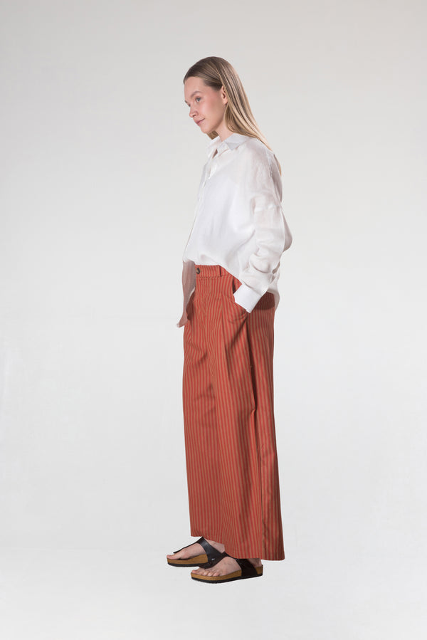 Kadın Pileli Kiremit Pamuk-Keten Pantolon