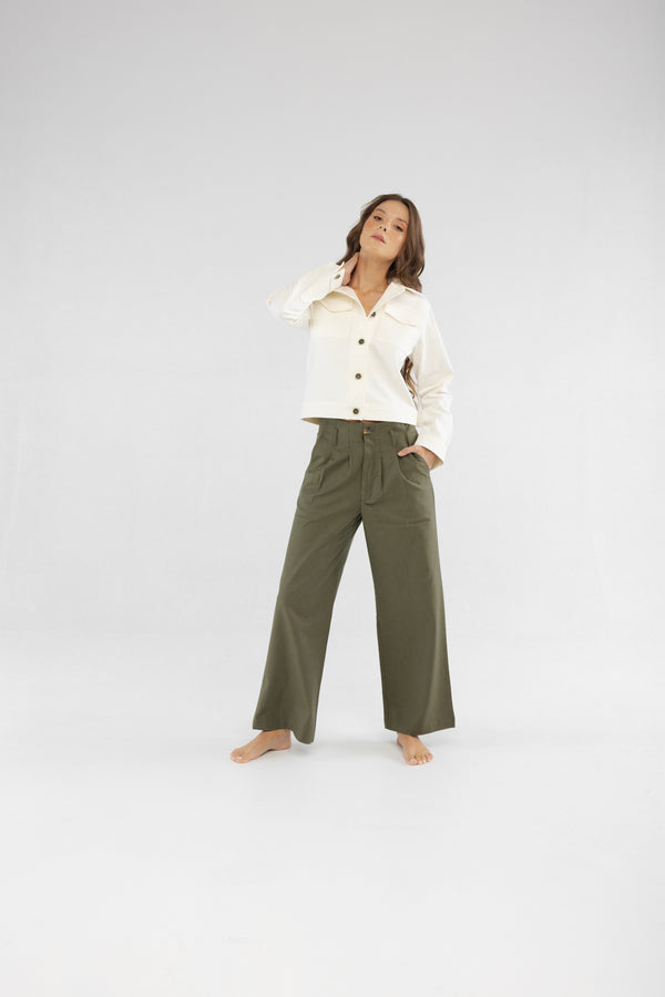 Zeytin Yeşili Geniş Paça Pileli Pamuk Kadın Palazzo Pantolon