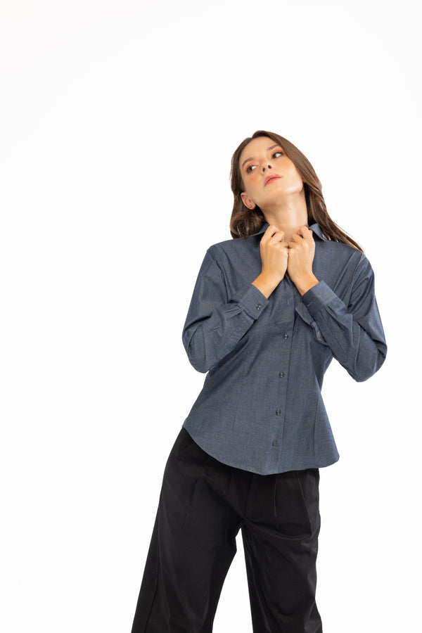 Pamuk Slim Fit Kadın İndigo Gömlek