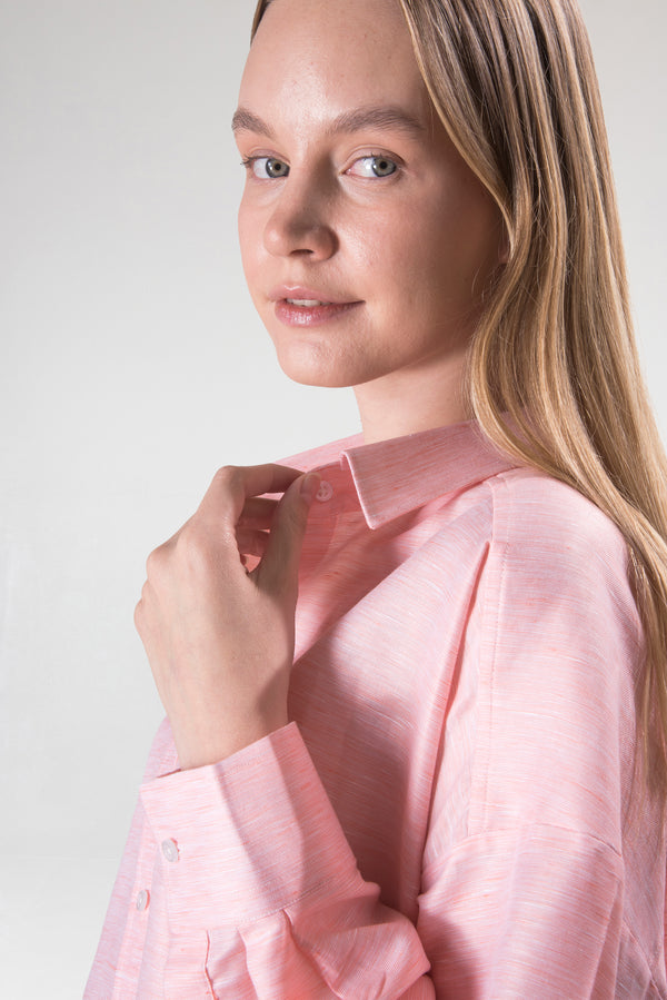 Kadın Pamuk-Keten Pembe Standart Beden Gömlek