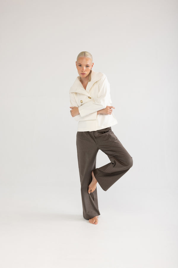 Kahverengi Geniş Paça Pileli Pamuk Kadın Palazzo Pantolon