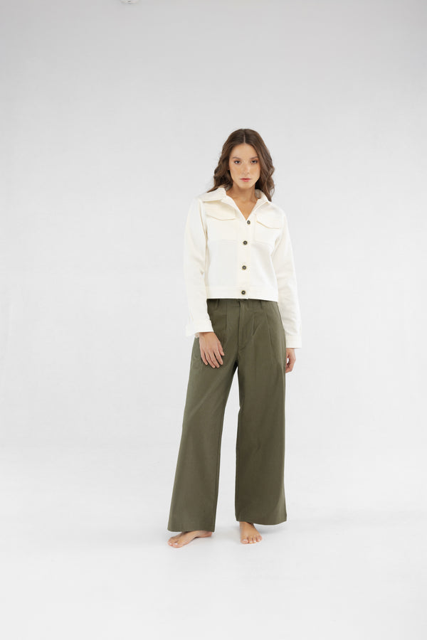 Zeytin Yeşili Geniş Paça Pileli Pamuk Kadın Palazzo Pantolon