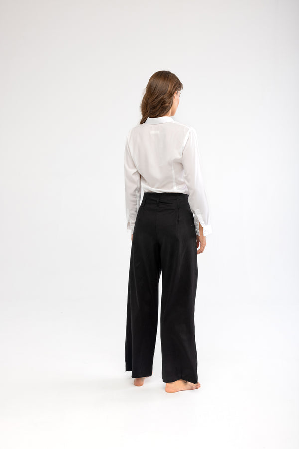 Siyah Geniş Paça Pileli Pamuk Kadın Palazzo Pantolon