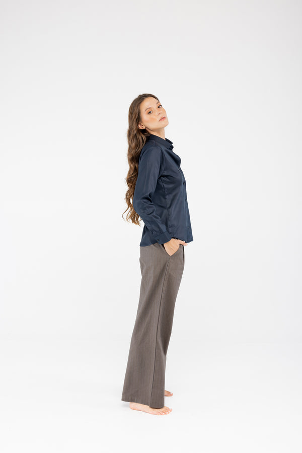 Tencel Slim Fit Kadın Lacivert Gömlek