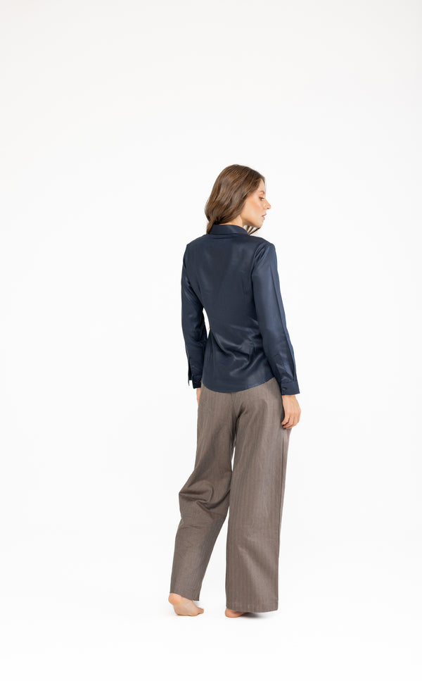 Tencel Slim Fit Kadın Lacivert Gömlek