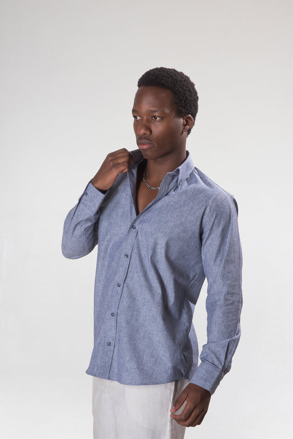 Erkek İndigo Çizgili Pamuk-Keten Gömlek