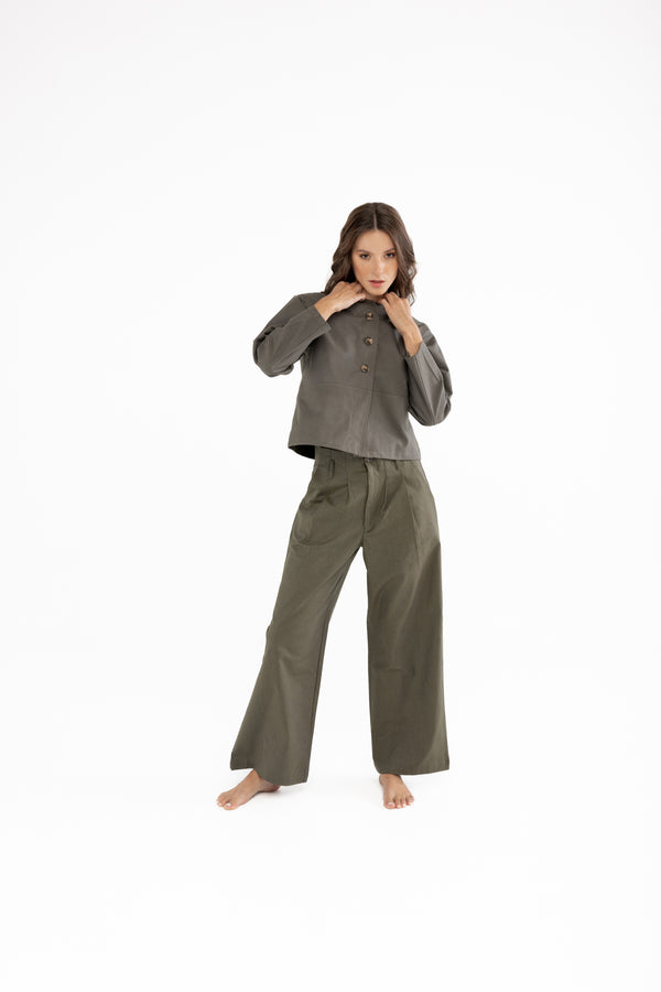 Kahverengi Geniş Paça Pileli Pamuk Kadın Palazzo Pantolon