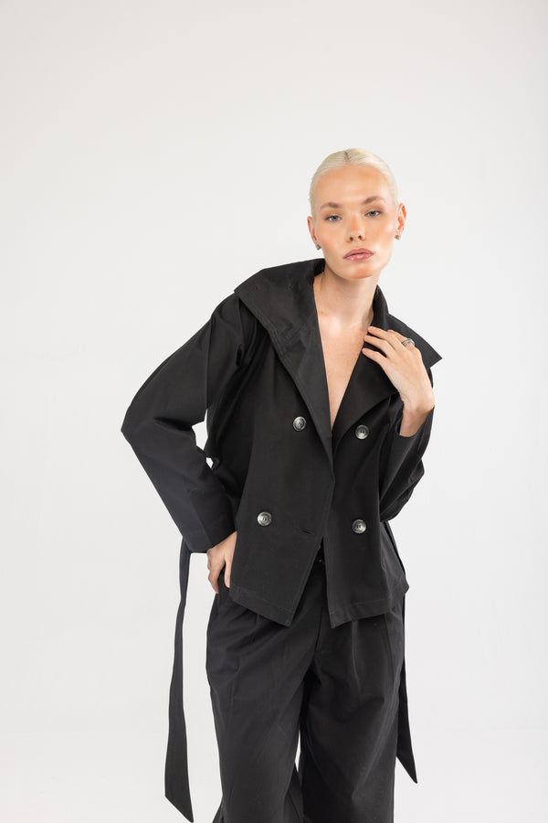 Siyah Kruvaze Kısa Trençkot