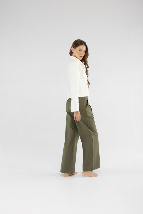 Zeytin Yeşili Geniş Paça Pileli Pamuk Kadın Palazzo Pantolon