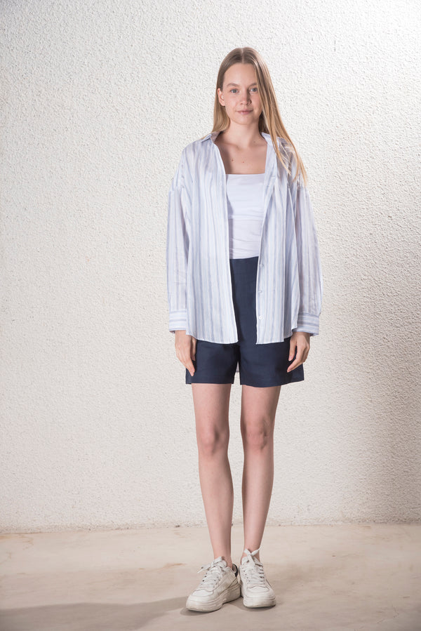 Kadın Keten Mavi, Beyaz Çizgili Standart Beden Gömlek