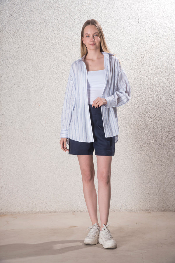 Kadın Keten Mavi, Beyaz Çizgili Standart Beden Gömlek