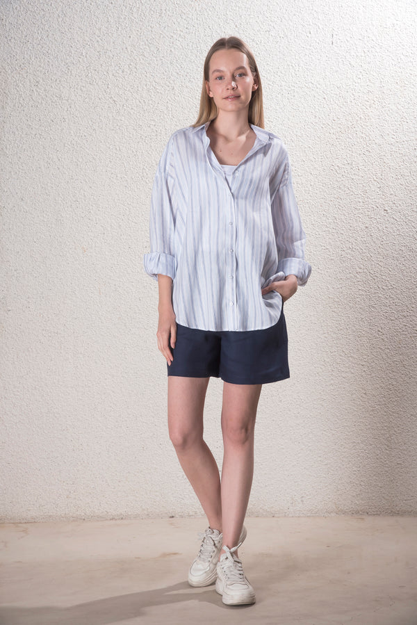 Kadın Pamuk-Keten Mavi, Beyaz Çizgili Standart Beden Gömlek