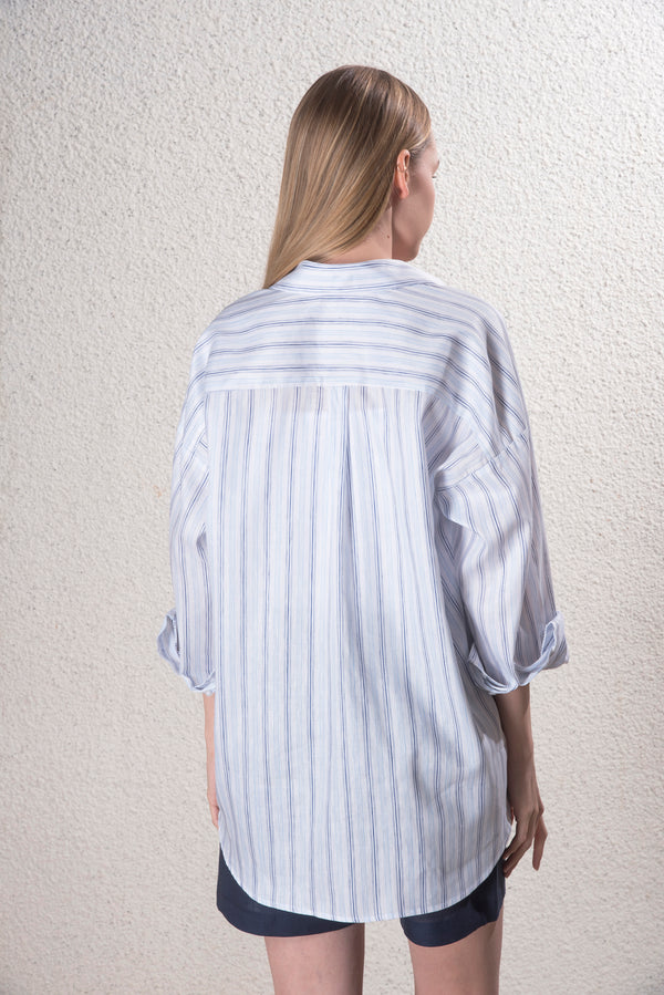 Kadın Pamuk-Keten Mavi, Beyaz Çizgili Standart Beden Gömlek