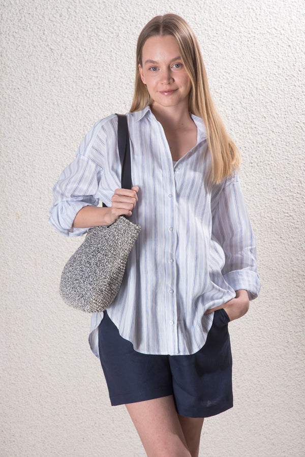 Kadın Keten Mavi, Beyaz Çizgili Standart Beden Gömlek