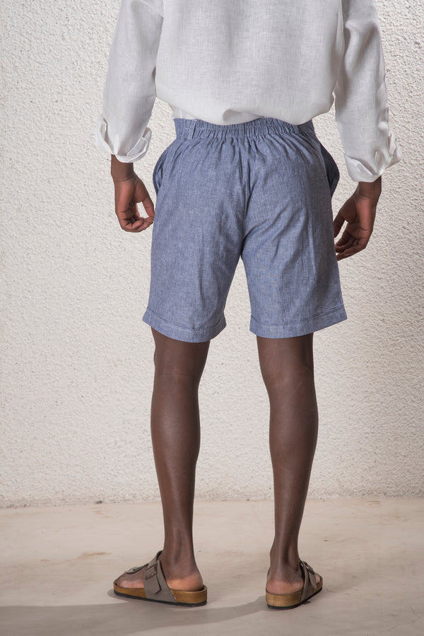 Erkek Keten İndigo Çizgili Şort