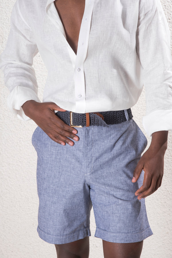 Erkek Keten İndigo Çizgili Şort