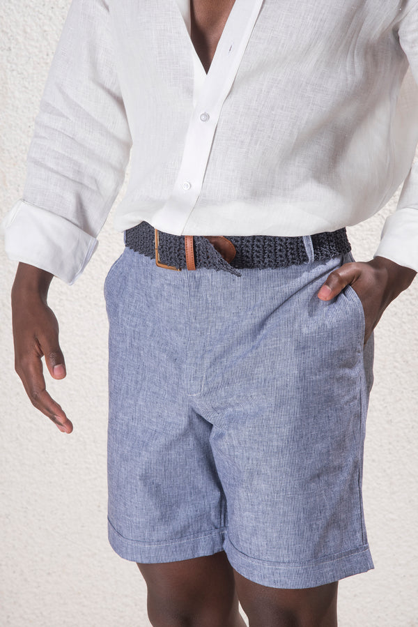 Erkek Keten İndigo Çizgili Şort