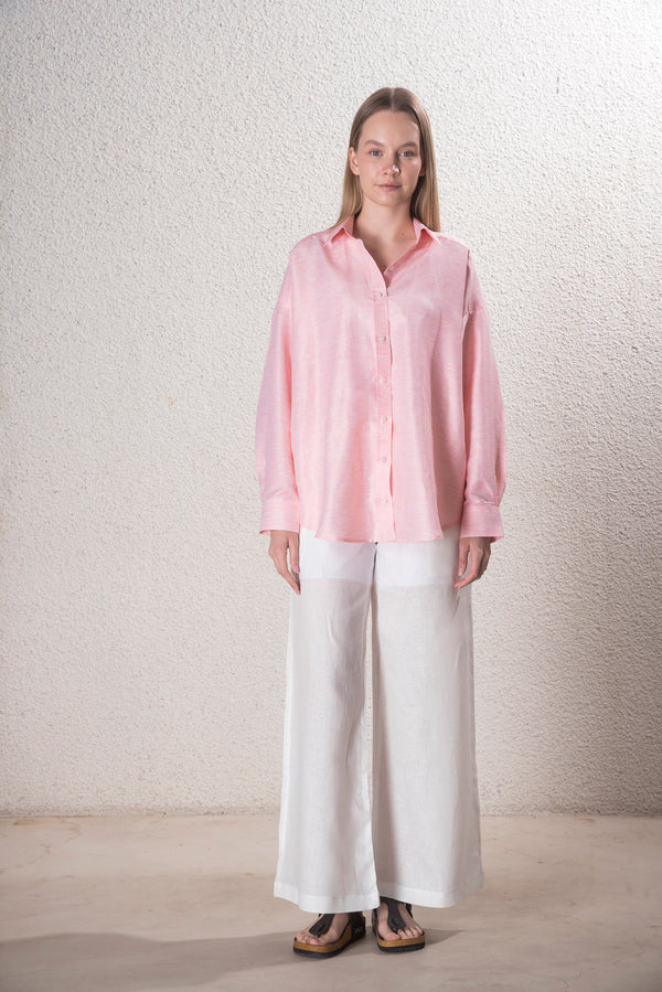 Kadın Pamuk-Keten Pembe Standart Beden Gömlek