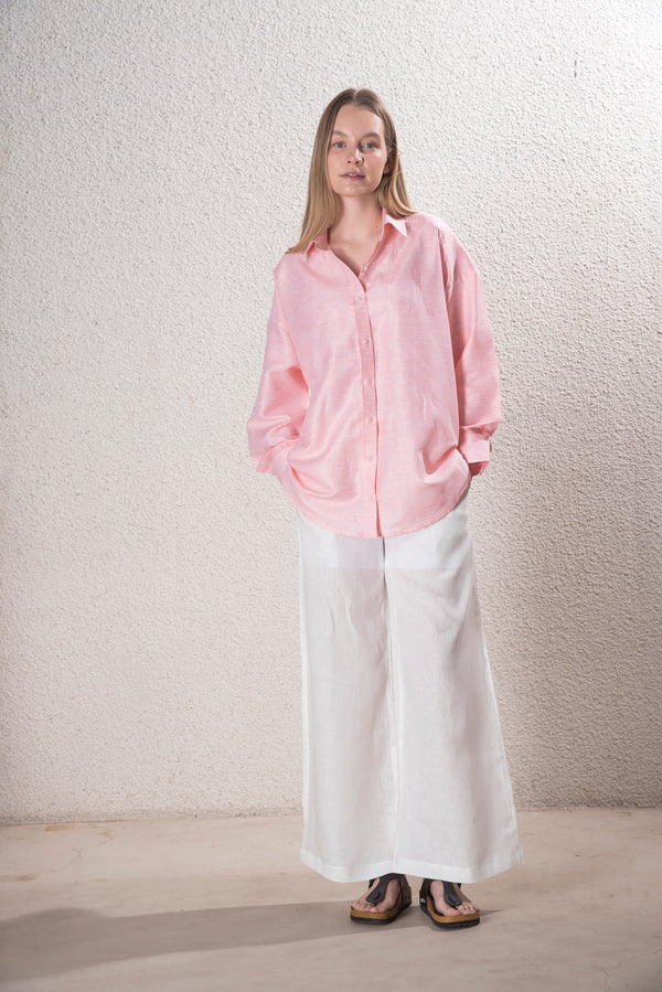 Kadın Pamuk-Keten Pembe Standart Beden Gömlek
