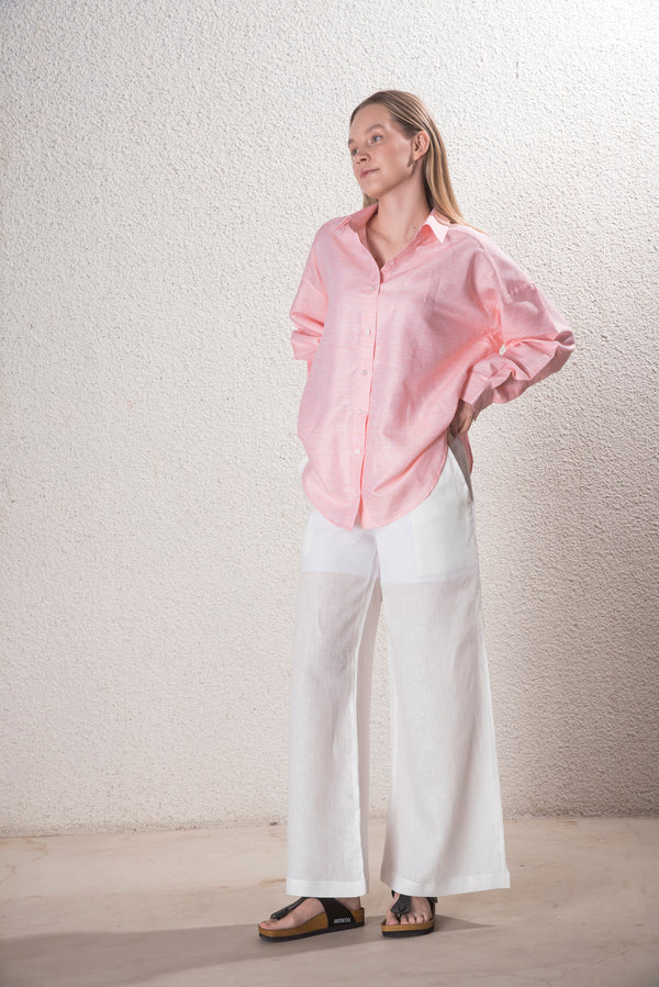 Kadın %100 Keten Beli Lastikli Beyaz Pantolon