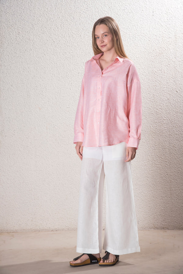 Kadın %100 Keten Beli Lastikli Beyaz Pantolon