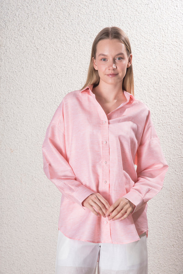 Kadın Pamuk-Keten Pembe Standart Beden Gömlek