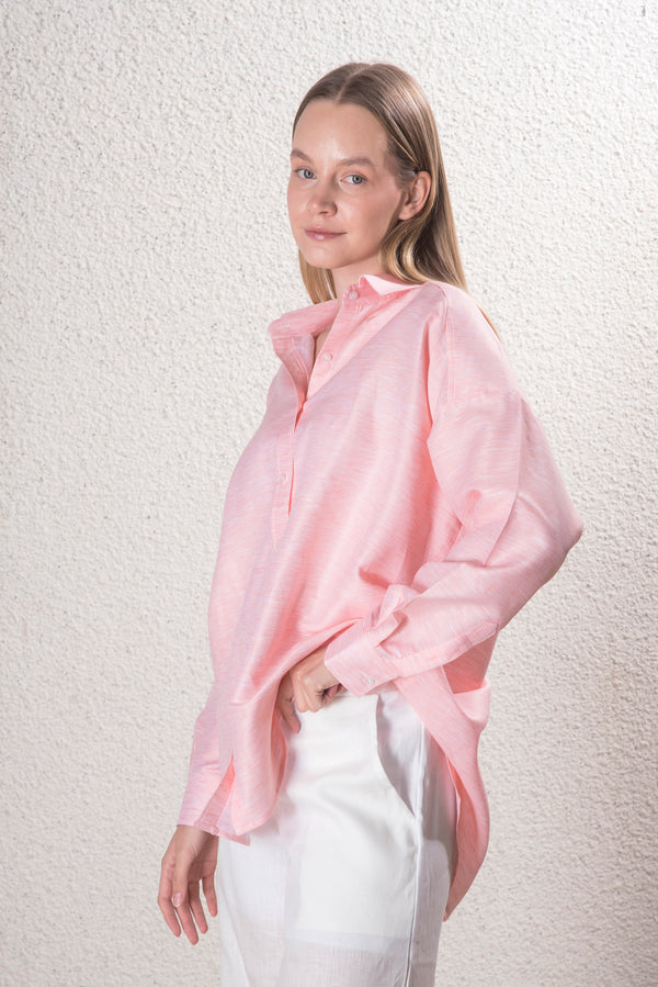 Kadın Pamuk-Keten Pembe Standart Beden Gömlek