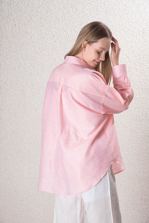 Kadın Pamuk-Keten Pembe Standart Beden Gömlek