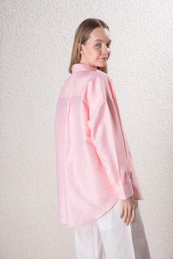 Kadın Pamuk-Keten Pembe Standart Beden Gömlek