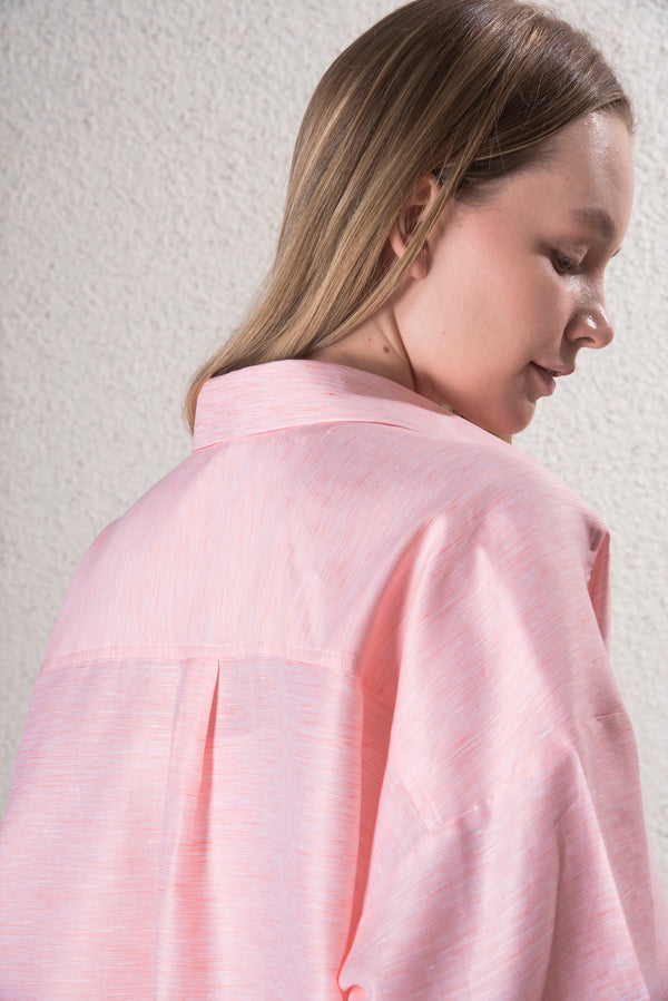 Kadın Pamuk-Keten Pembe Standart Beden Gömlek