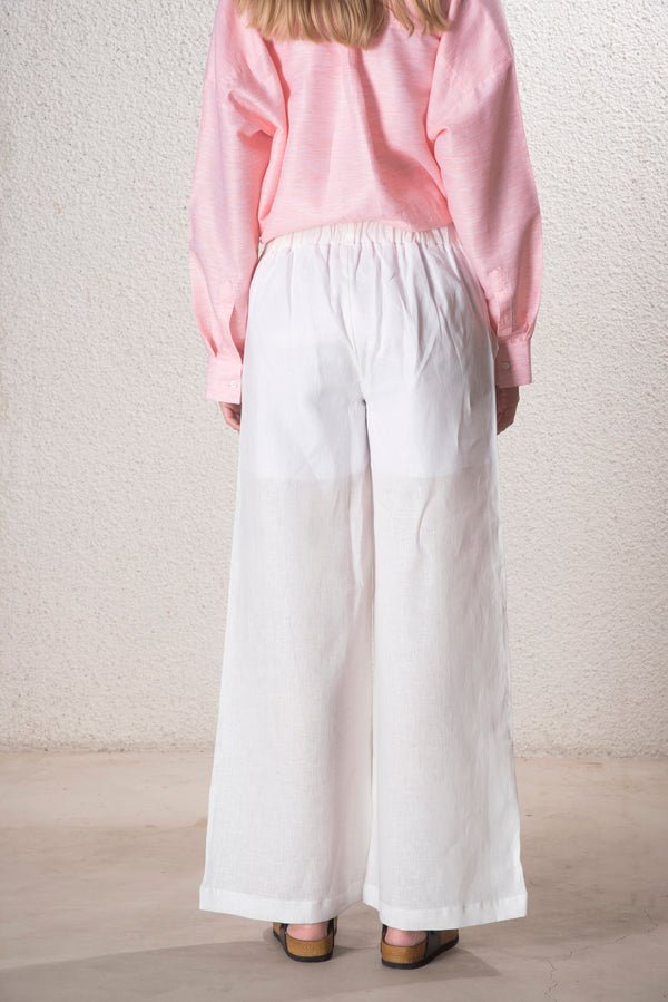 Kadın %100 Keten Beli Lastikli Beyaz Pantolon