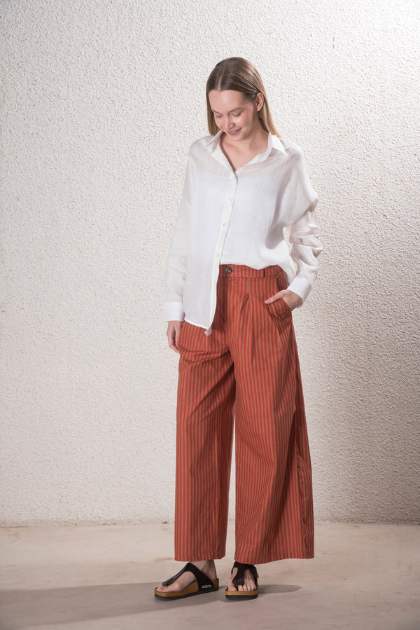 Kadın Pileli Kiremit Pamuk-Keten Pantolon