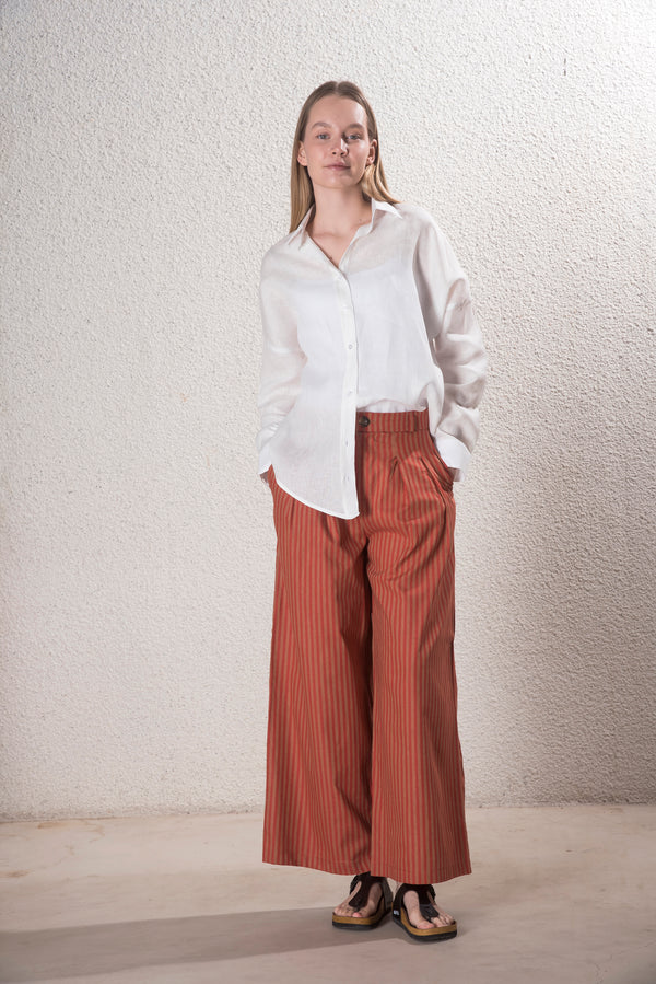 Kadın Pileli Kiremit Pamuk-Keten Pantolon