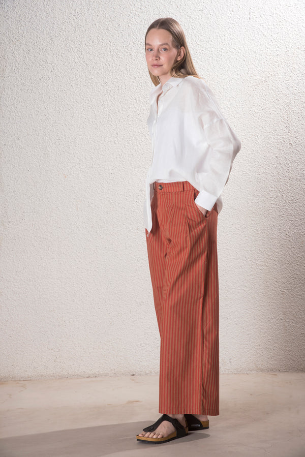 Kadın Pileli Kiremit Pamuk-Keten Pantolon