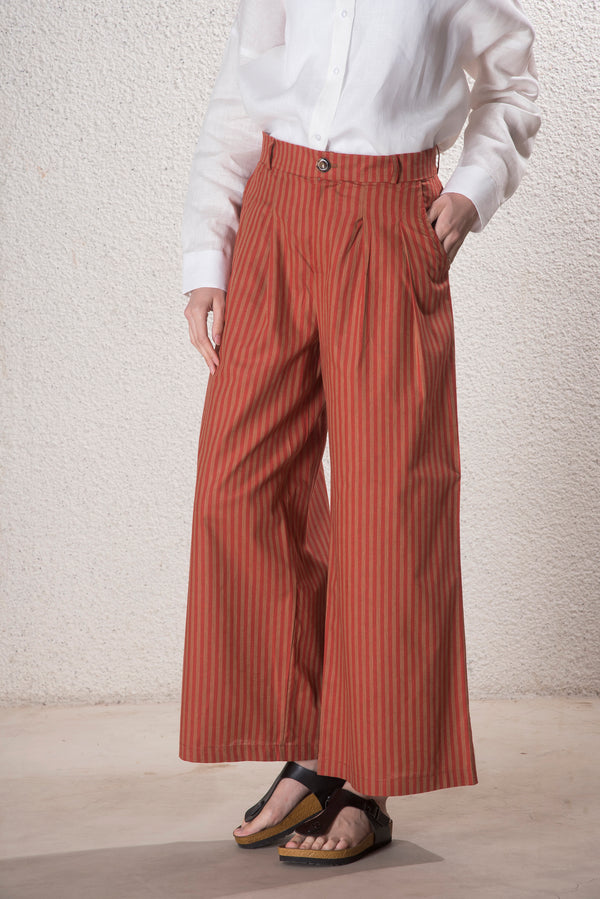 Kadın Pileli Kiremit Pamuk-Keten Pantolon