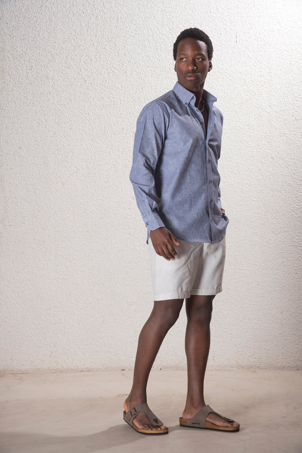 Erkek İndigo Çizgili Pamuk-Keten Gömlek