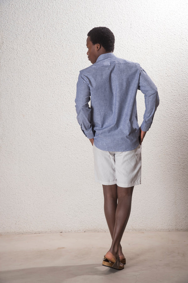 Erkek İndigo Çizgili Pamuk-Keten Gömlek