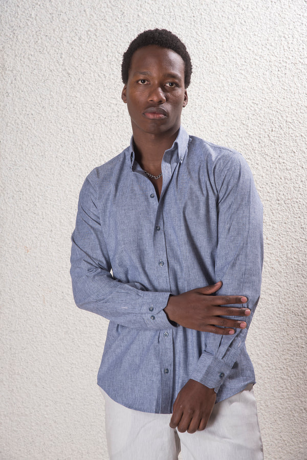 Erkek İndigo Çizgili Pamuk-Keten Gömlek