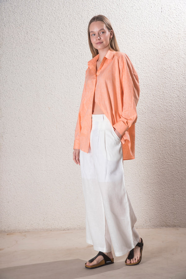 Kadın Pamuk-Keten Turuncu Standart Beden Gömlek