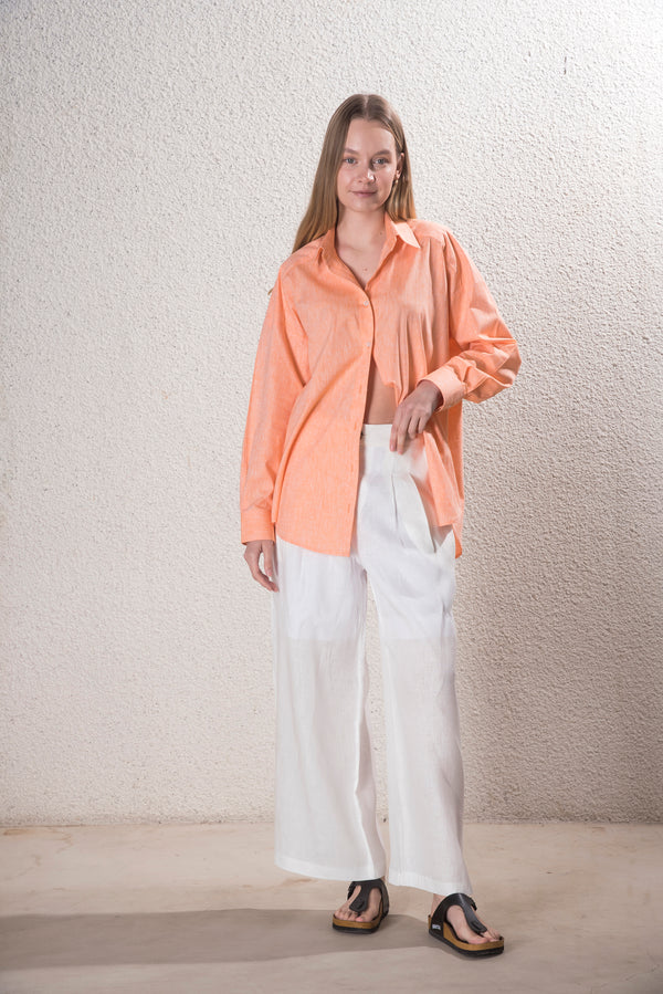 Kadın Pileli Beyaz %100 Keten Pantolon