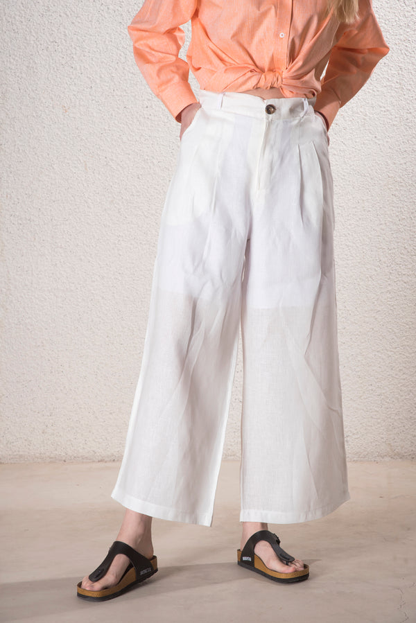 Kadın Pileli Beyaz %100 Keten Pantolon
