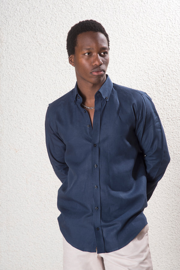 Erkek %100 Keten Lacivert Gömlek