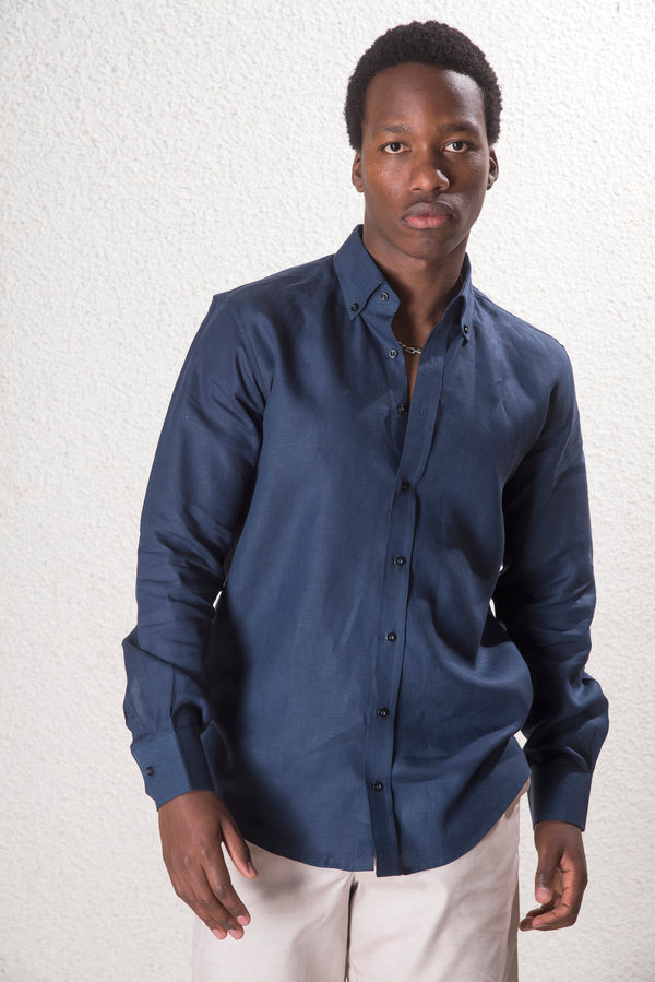 Erkek %100 Keten Lacivert Gömlek