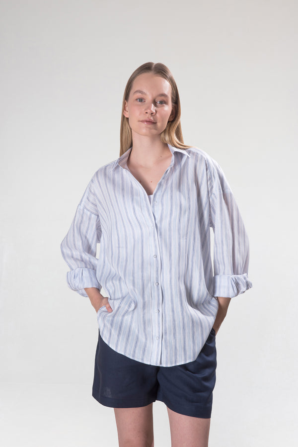 Kadın Pamuk-Keten Mavi, Beyaz Çizgili Standart Beden Gömlek