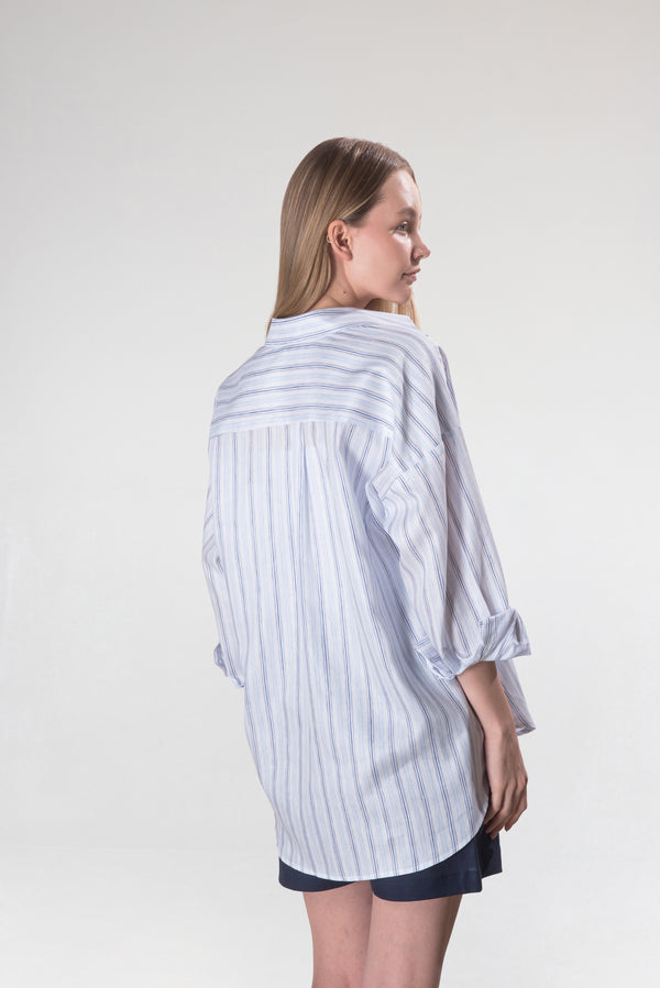 Kadın Pamuk-Keten Mavi, Beyaz Çizgili Standart Beden Gömlek
