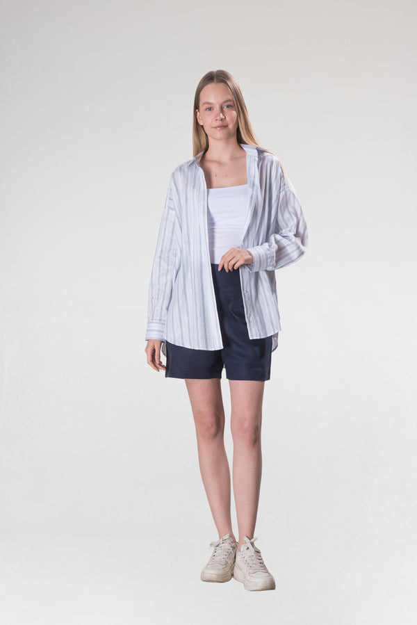 Kadın Pamuk-Keten Mavi, Beyaz Çizgili Standart Beden Gömlek