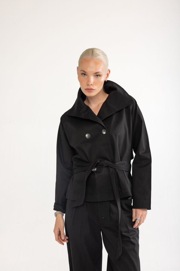 Siyah Kruvaze Kısa Trençkot