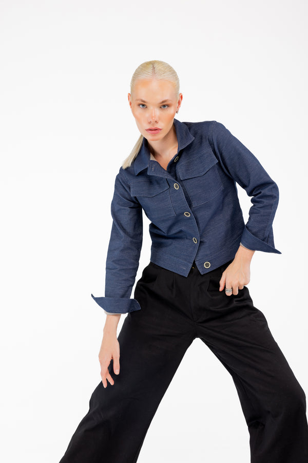 Slim Fit İndigo Kadın Pamuk Kot Ceket