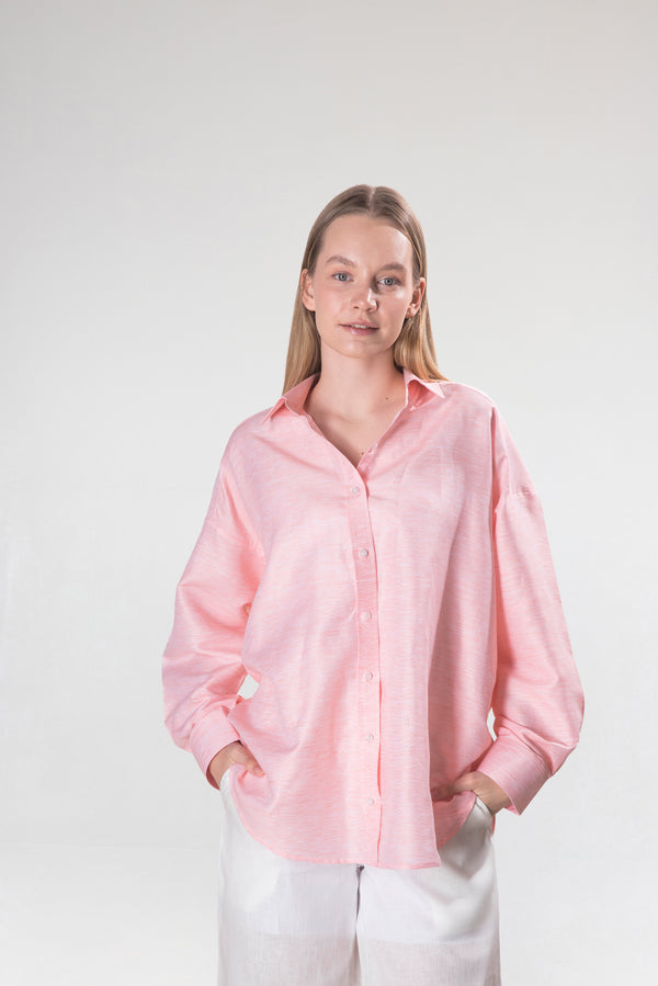 Kadın Pamuk-Keten Pembe Standart Beden Gömlek